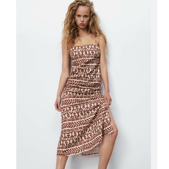 Zara Brown and Cream Midi Dress - Picture 2 of 9